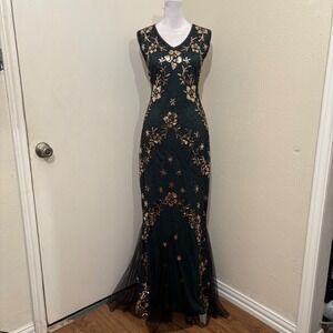 Fundaisy Emerald Green Gold Sequin Beaded Mermaid Gown Floor Length Dress M